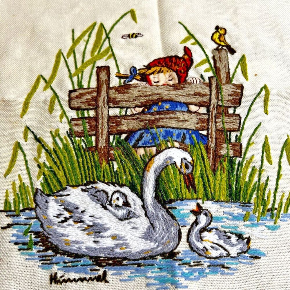 VTG Needlepoint Completed Hummel Child Baby Swans Square Pillow Front Paragon 77